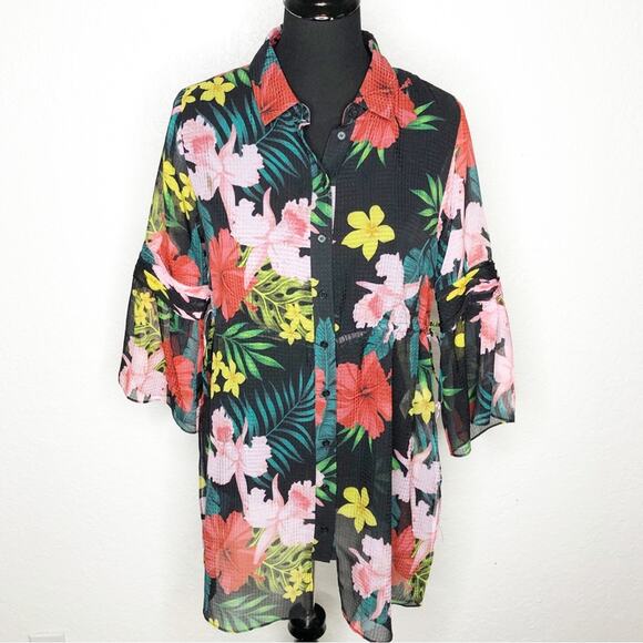 Soft Surroundings black pink red tropical floral sheer button down tunic size PM - Picture 1 of 15